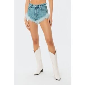 EDIKTED Feather Trimmed Denim Shorts Size L